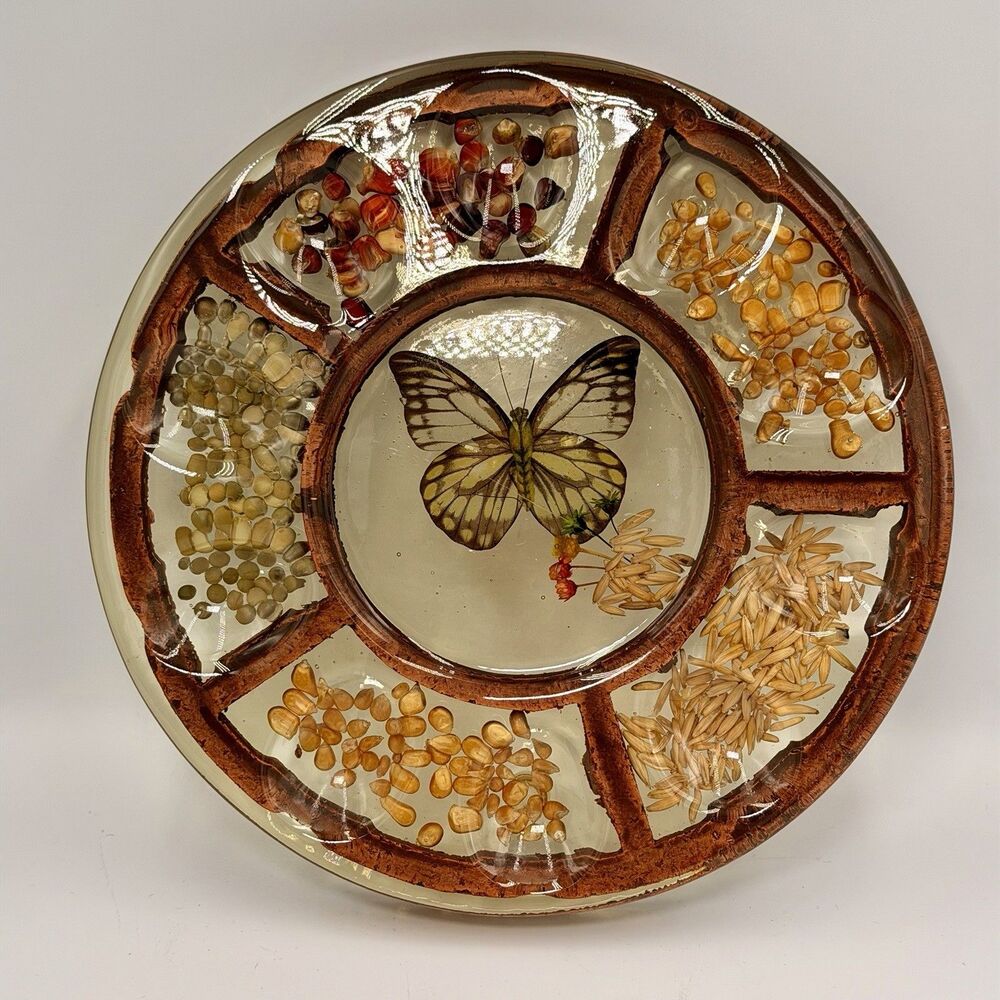 Vintage Lucite Butterfly Deviled Egg Tray Resin Seed Art Footed Server 8.5” MCM